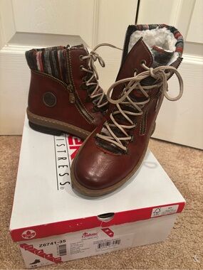 Rieker Wine Leather Zip-Up Winter Ankle Boots with Knit Collar